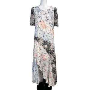 BaeVely Dress size Medium Long Blue Pink Gray Sheer Rose Floral Wedding Garden